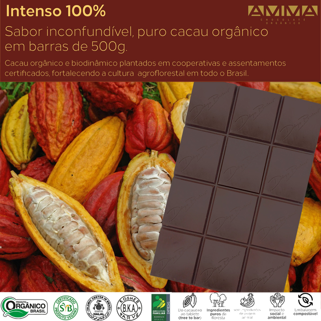 Chocolate Orgânico 100 Cacau a Vácuo Amma 500g Chocolate Orgânico