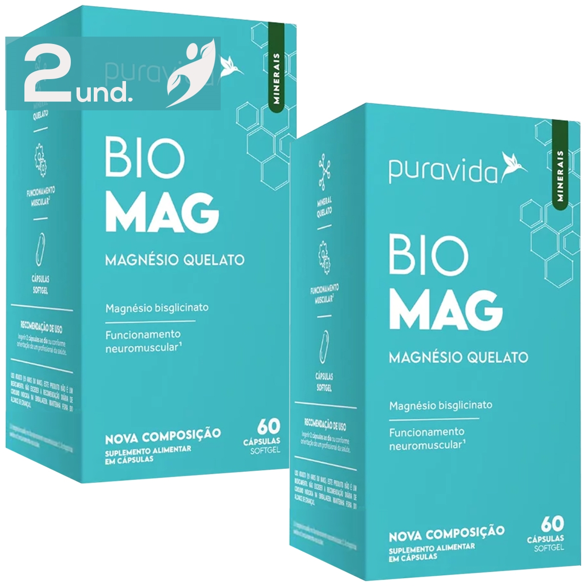 Kit 2 Bio Mag Magnésio Quelato Puravida 60 Cápsulas Kit 2 Bio Mag