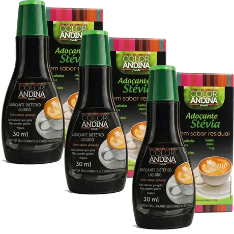 Kit 3 Adoçante de Stévia Líquido 100% Natural Color Andina Food 30ml