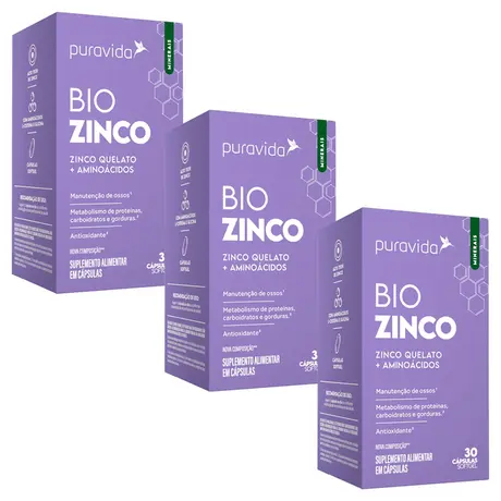 Kit 3 Bio Zinco Quelato Puravida 30 Cápsulas