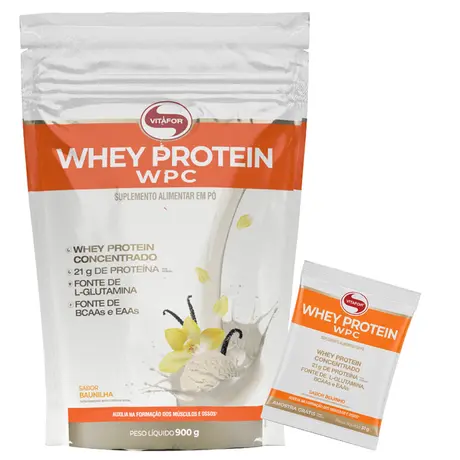 Whey Protein Concentrado Vitafor Pouch 900g Baunilha Ganhe Brinde