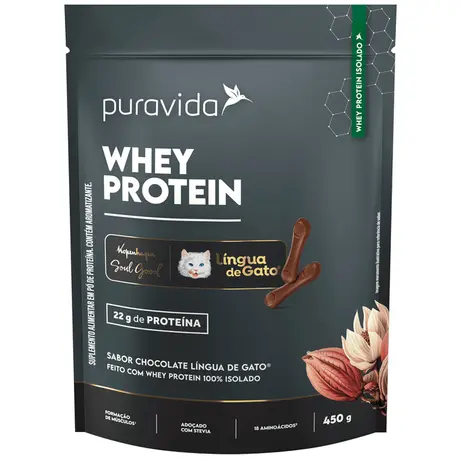 Whey Protein Isolado Puravida 450g Sabor Chocolate Língua de Gato