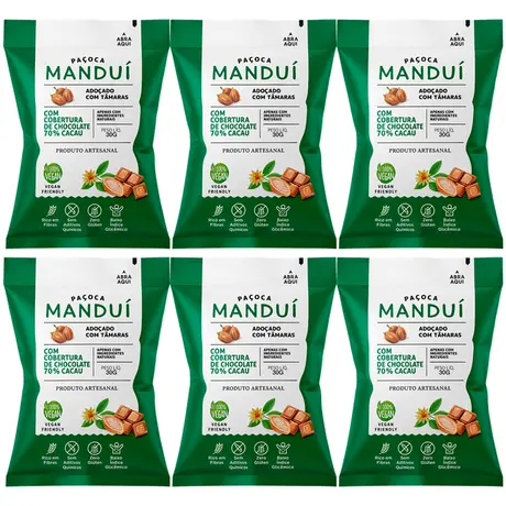 Kit 6 Paçoca com Chocolate 70% Cacau Manduí 30g