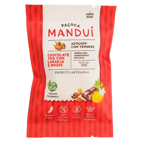 Paçoca com Chocolate 70% Cacau com Laranja e Nozes Manduí 30g