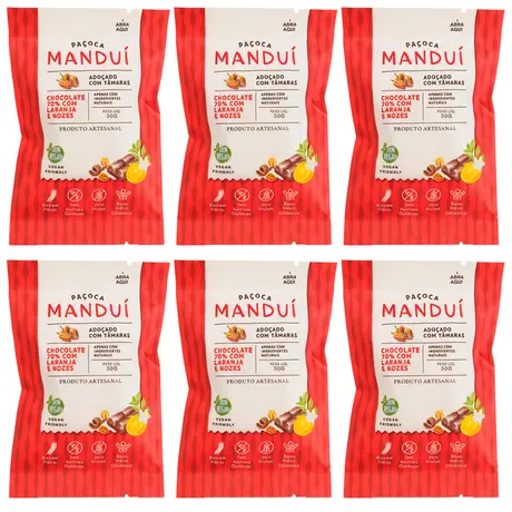 Kit 6 Paçoca com Chocolate 70% Cacau com Laranja e Nozes Manduí 30g