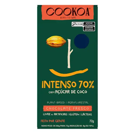 Barra de Chocolate 70% Cacau Intenso com Açúcar de Coco Cookoa 72g