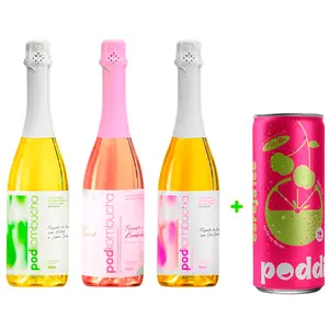 Kit 3 Espumante de Kombucha Pod 750ml Cereja, Limão e Uva Branca Ganhe Brinde