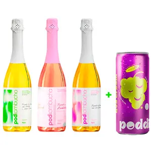 Kit 3 Espumante de Kombucha Pod 750ml Cereja, Limão e Uva Branca Ganhe Brinde