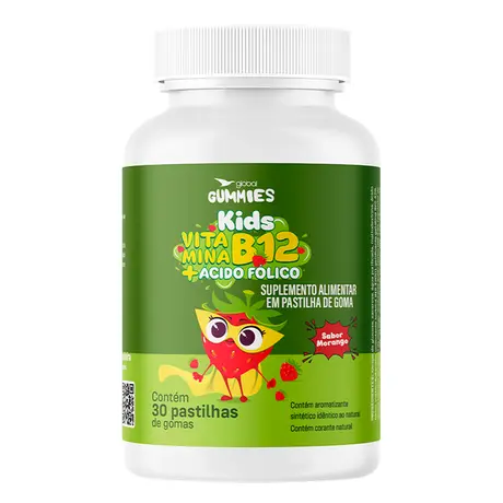 Vitamina B12 + Ácido Fólico Global Suplementos 30 Gomas Sabor Morango