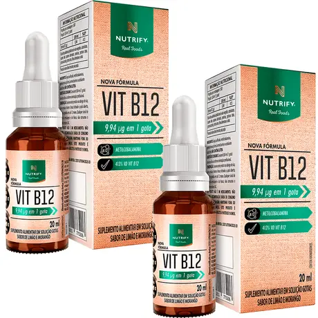 Kit 2 Vitamina B12 Metilcobalamina Líquida Nutrify Sabor Limão e Morango 20ml