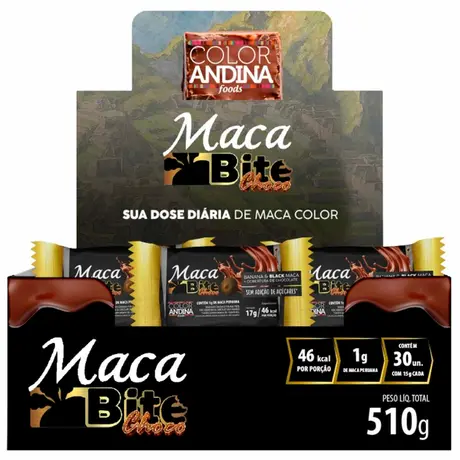 Maca Bite Protein com Chocolate Color Andina Foods 30 Unidades de 15g