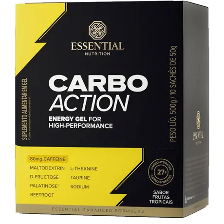 Kit 10 Carbo Action Energy Gel com Cafeína Essential Nutrition Sachê 50g Sabor Frutas Tropicais
