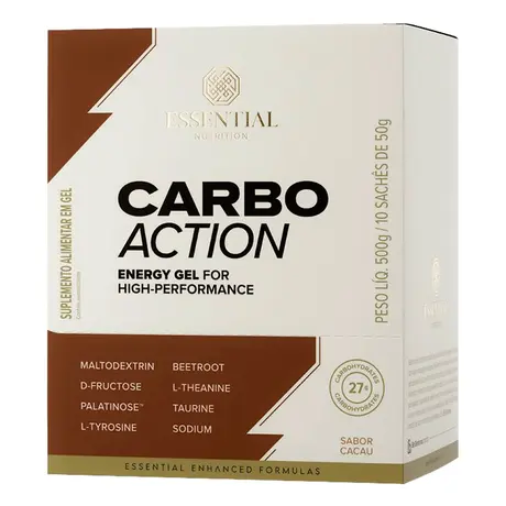 Kit 10 Carbo Action Energy Gel sem Cafeína Essential Nutrition Sachê 50g Sabor Cacau