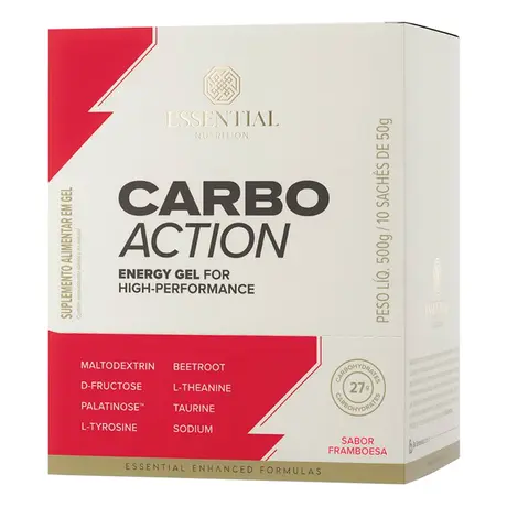 Kit 10 Carbo Action Energy Gel sem Cafeína Essential Nutrition Sachê 50g Sabor Framboesa
