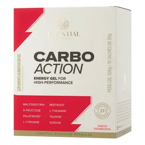 Kit 10 Carbo Action Energy Gel sem Cafeína Essential Nutrition Sachê 50g Sabor Framboesa