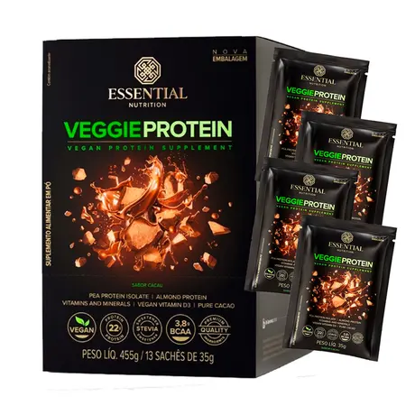 Veggie Protein Cacao Essential Nutrition Cx 13 Sachês 35g Ganhe Brinde