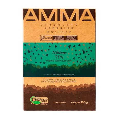 Chocolate Orgânico Nibirus 75% Cacau com Nibs Amma 80g