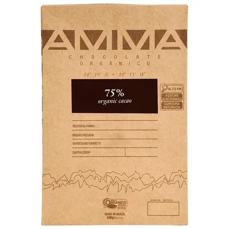 Chocolate Orgânico 75% Cacau Amma 500g