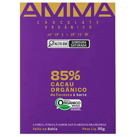 Chocolate Orgânico 85% Cacau Amma 80g