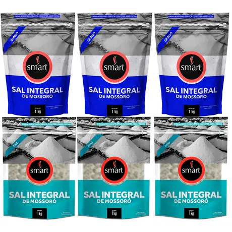 Kit 6 Sal Marinho Integral de Mossoró Smart 1kg 3 Finos e 3 Grossos