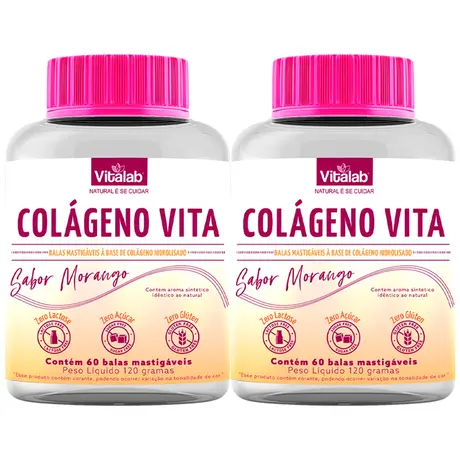 Kit 2 Colágeno Vita Vitalab Sabor Morango 60 Balas Mastigáveis