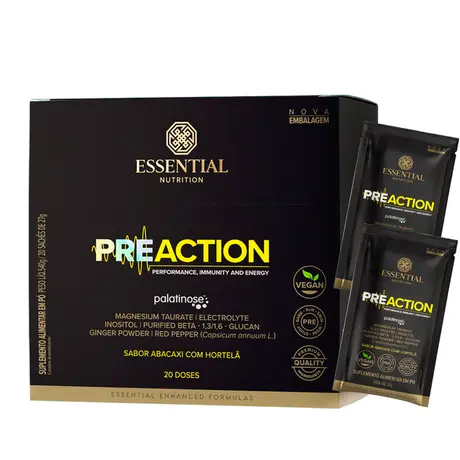 Pre-Action Energy Drink Abacaxi com Hortelã Essential Nutrition 20 Sachês Ganhe Brinde