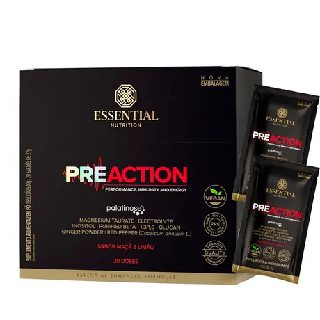 Pre-Action Energy Drink Maçã e Limão Essential Nutrition 20 Sachês Ganhe Brinde