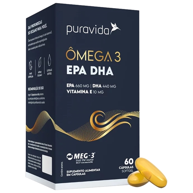 Ômega 3 EPA DHA com Vitamina E Puravida 60 Cápsulas Ômega 3 EPA DHA