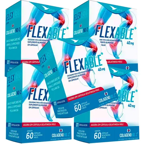 Kit 5 Colágeno Tipo 2 FlexAble Global Suplementos 60 Cápsulas Gelatinosas Moles