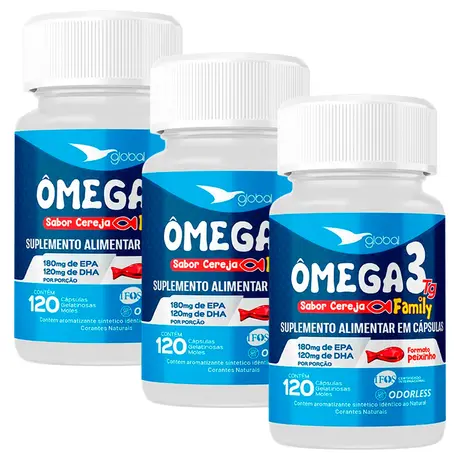 Kit 3 Ômega 3 Peixinho 18 EPA 12 DHA Family Global Suplementos 120 Cápsulas
