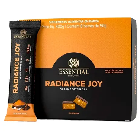 Kit 8 Barras de Proteína Radiance Joy Golden Milk Essential Nutrition 50g
